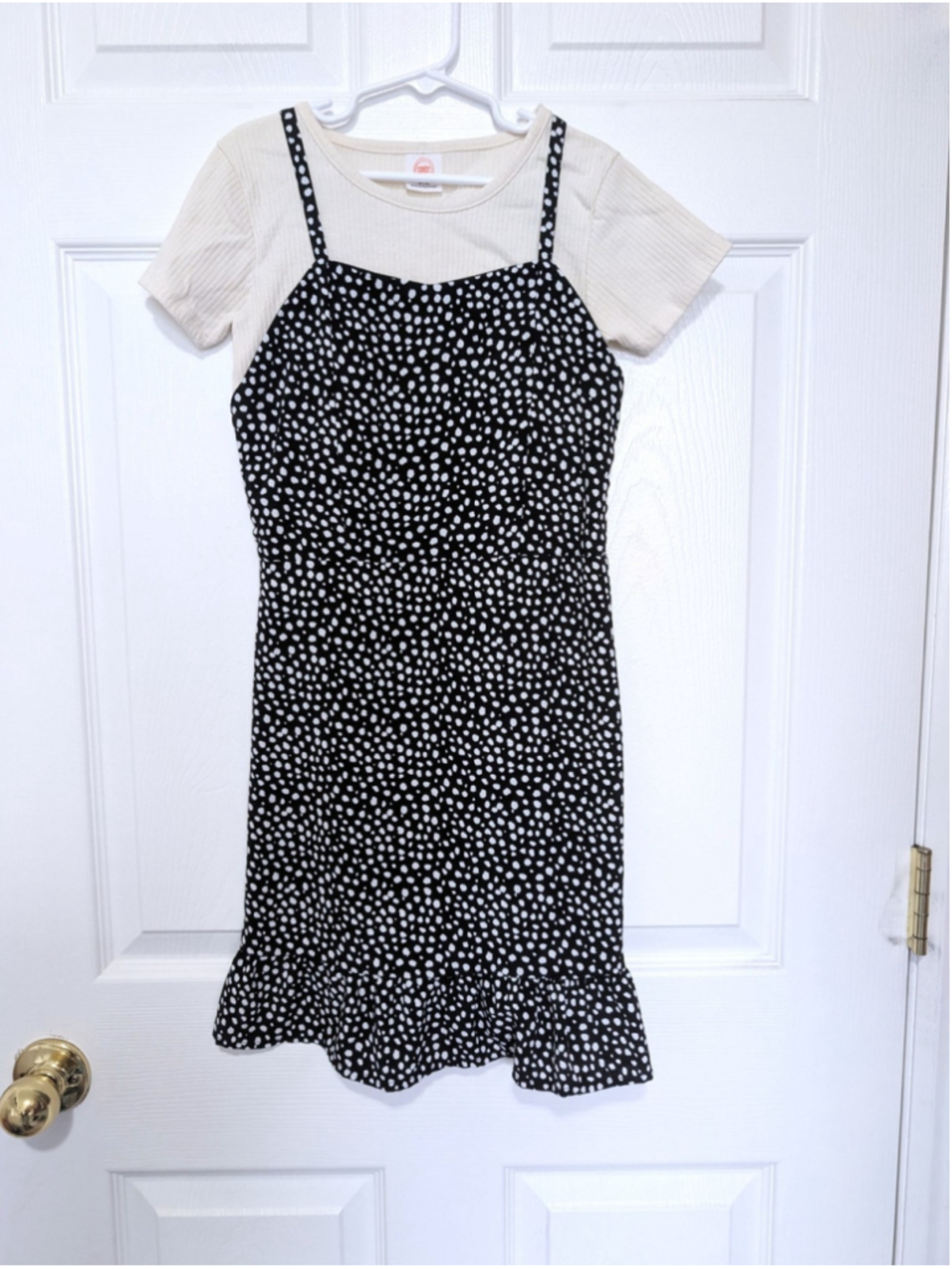 Wonder Nation Girl's Cami Dress W/Short Sleeve T-Shirt Size M 8 Black Ditsy dot